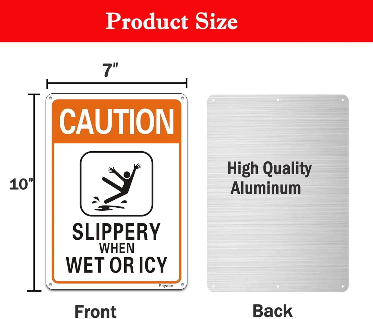 2 Pack Caution Slippery When Wet or Icy Sign, 7” x 10” Metal Rust Free Aluminum Sign, Weather