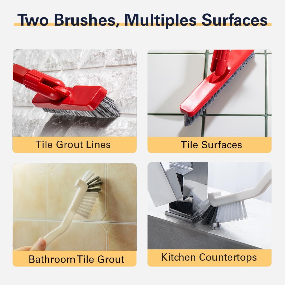 Foxtrot Living Grout Brush with Long Handle & Handheld Stiff Bristle Scrubber, V-Shaped Cleaner