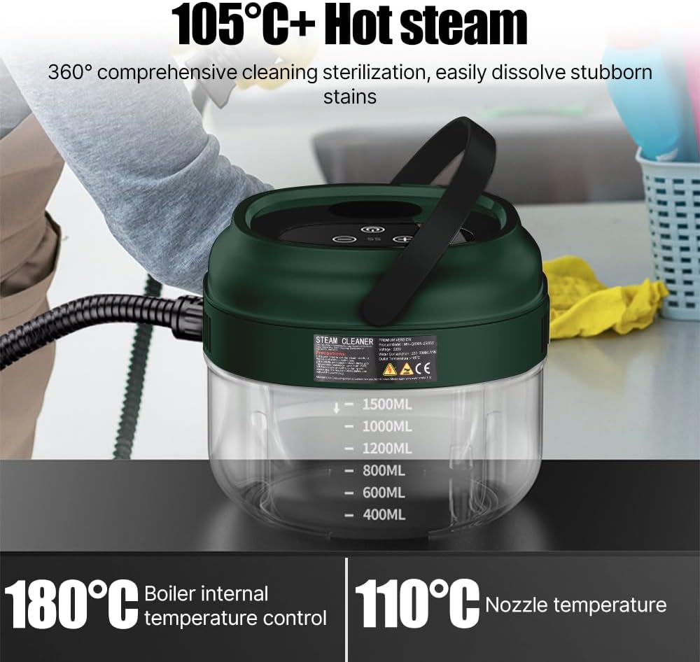 Irishom Pressurized Handheld Steam Cleaner with 3 Brushes and Extended Rod, Deep Cleaning Steamer