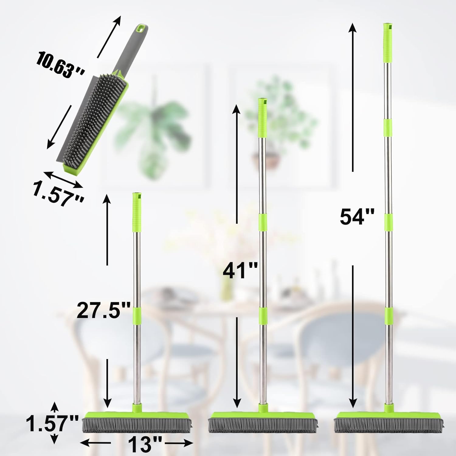 Rubber Broom with Squeegee for Carpet Pet Hair Remover,57 inch Long Handled Fur Remover