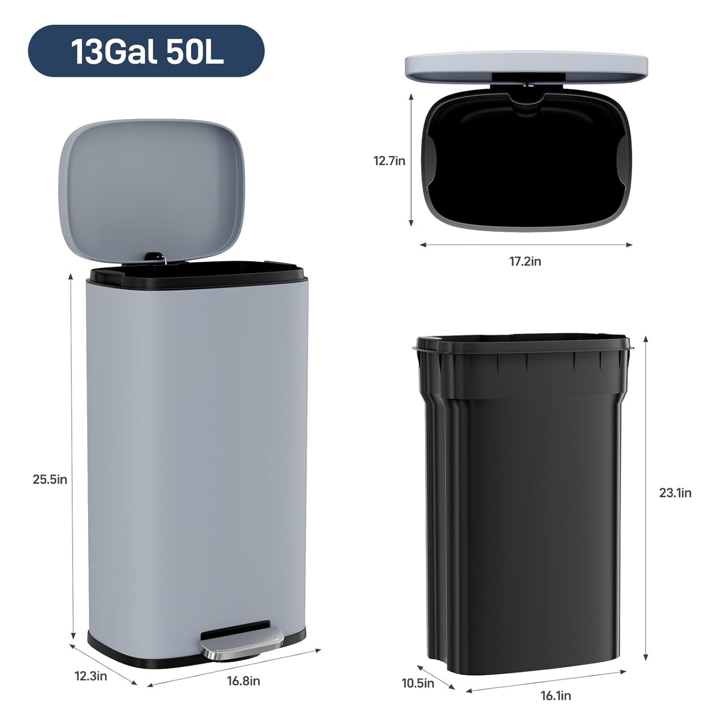 Arlopu 8/13.2 Gallon Step Trash Can, Stainless Steel Garbage Bin, Soft-Close Rubbish Bin with