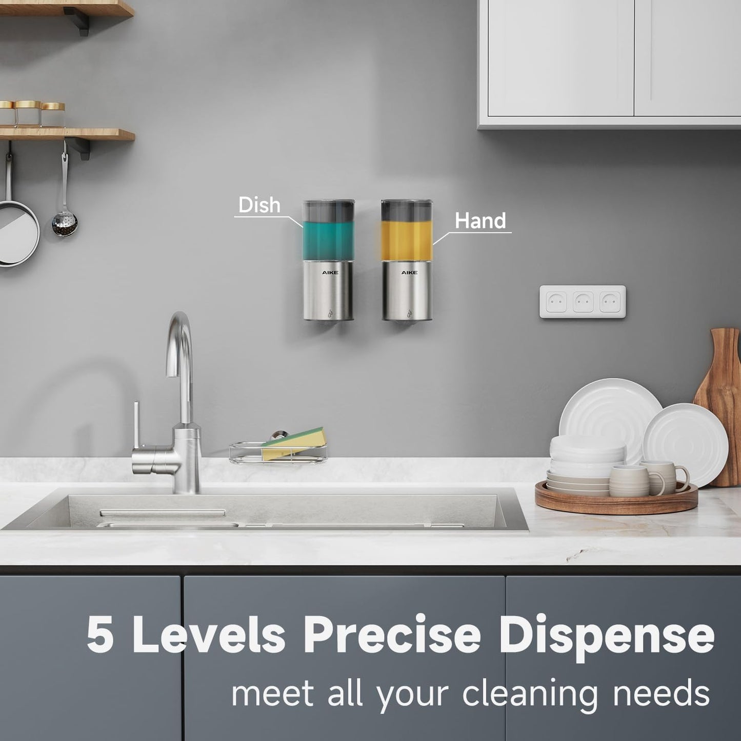 AIKE Automatic Soap Dispenser Wall Mounted for Kitchen and Bathroom, IPX7 Waterproof with Brushed