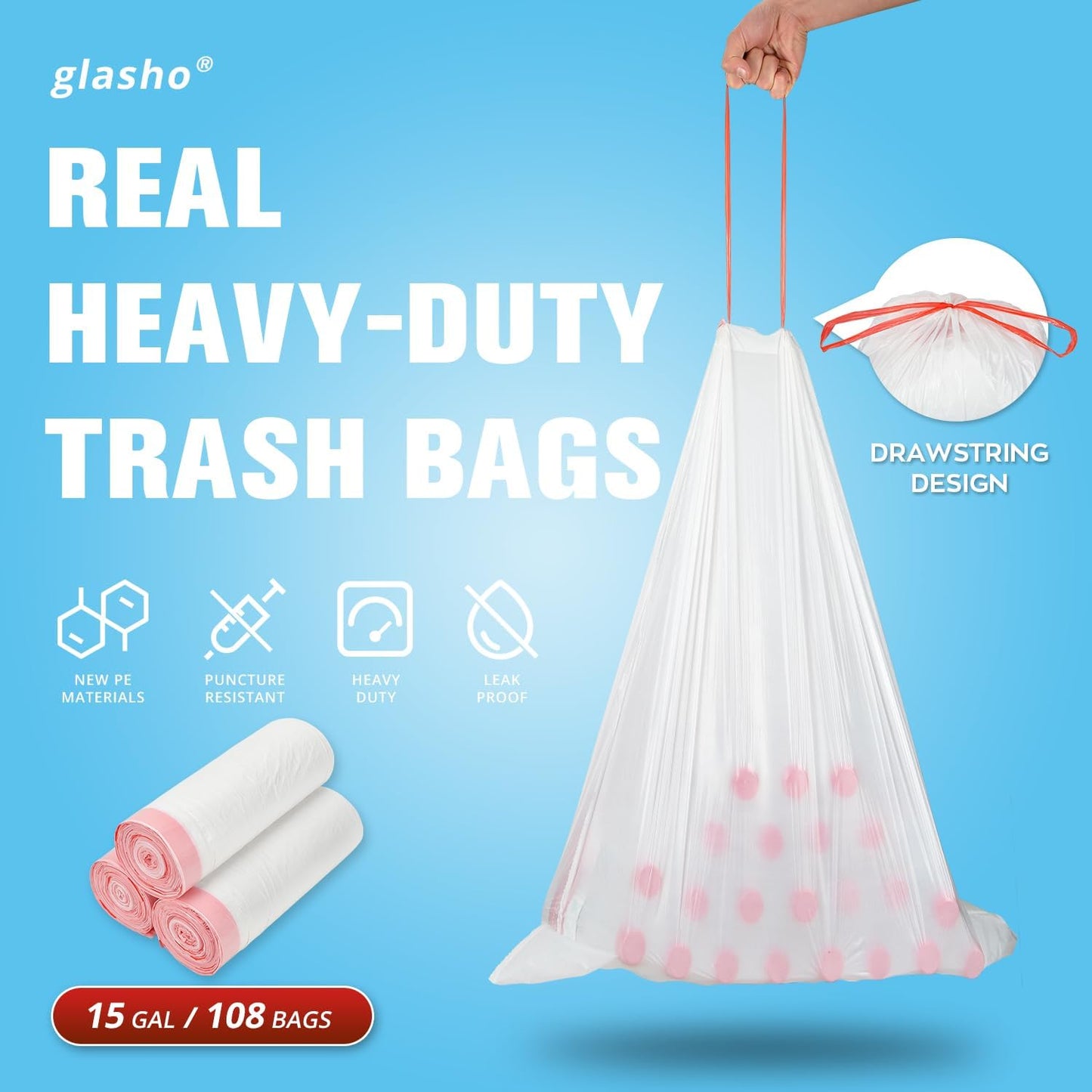 Ultra Thick 15 Gallon Drawstring Trash Bags, 108 Count Heavy Duty Large Plastic Garbage Bag, Leak