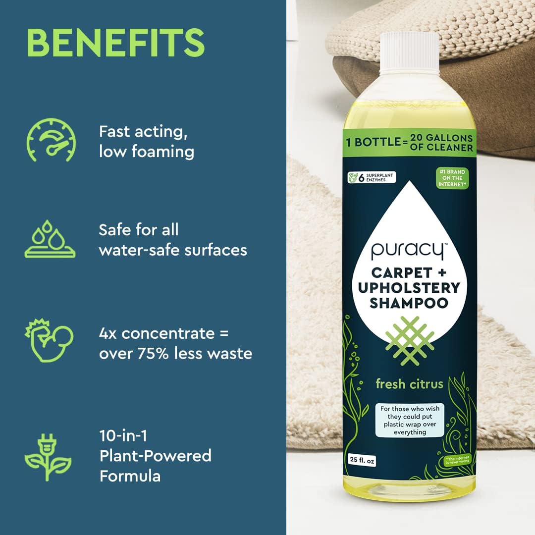 Puracy Professional Carpet Cleaner Machine Detergent, 4x Concentrated Upholstery Cleaner, Natural