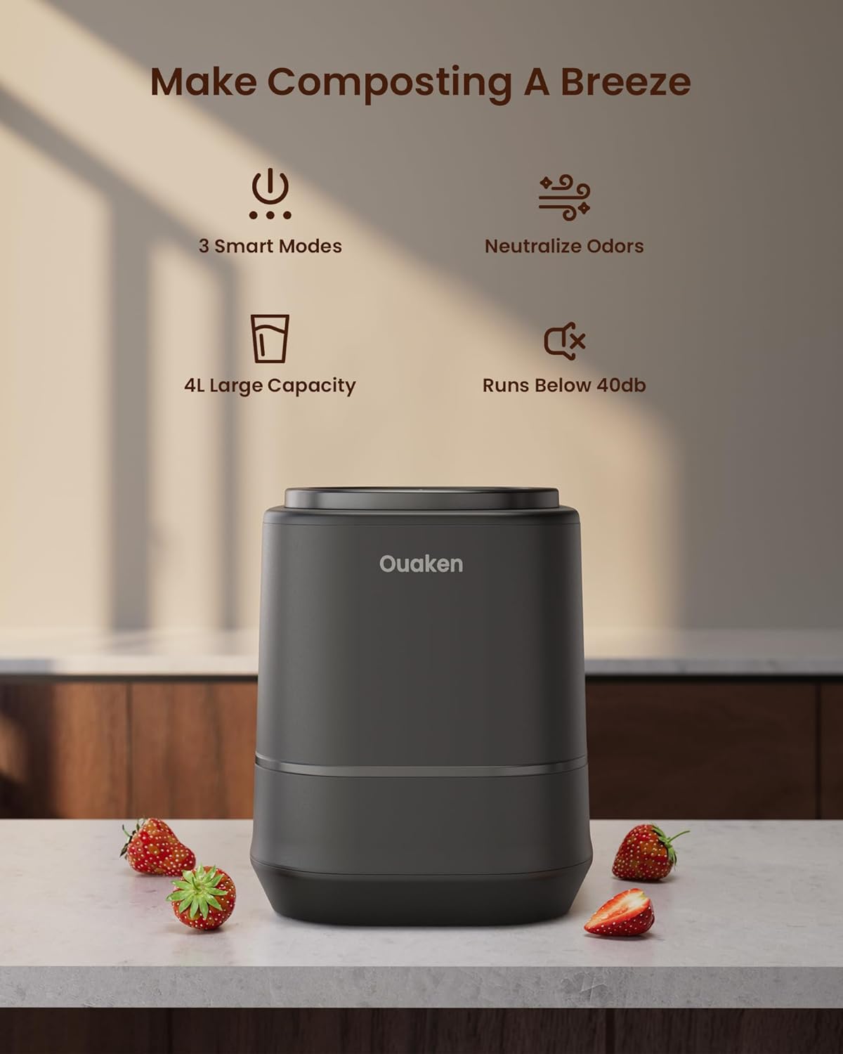 Electric Composter for Kitchen - 4L Countertop Indoor Compost Bin Smart Odorless Turn Kitchen Waste