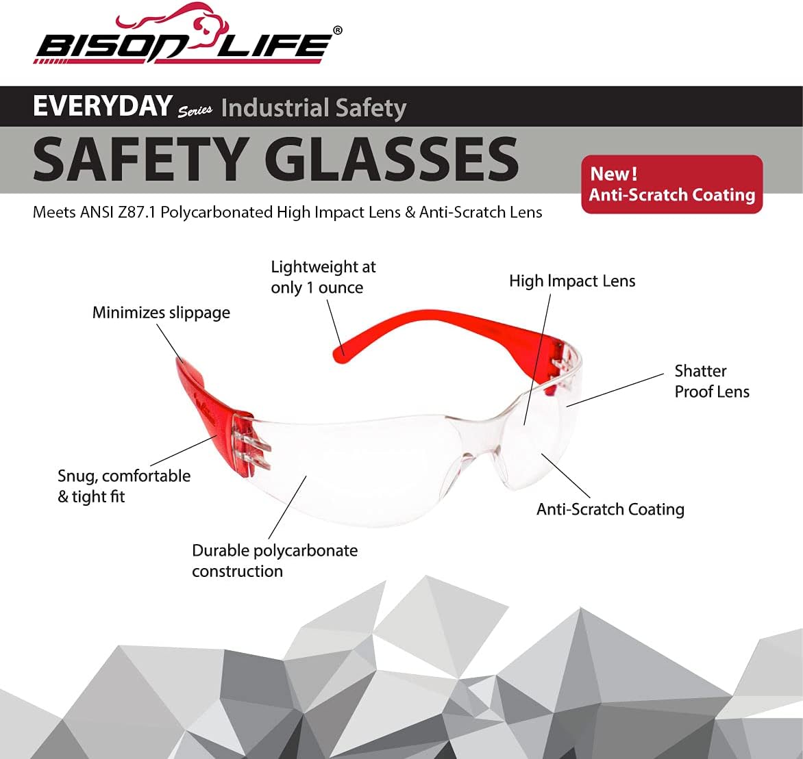 BISON LIFE Safety Glasses - Scratch Resistant Wrap Around Eyewear, Polycarbonate ANSI Z87.1 Impact