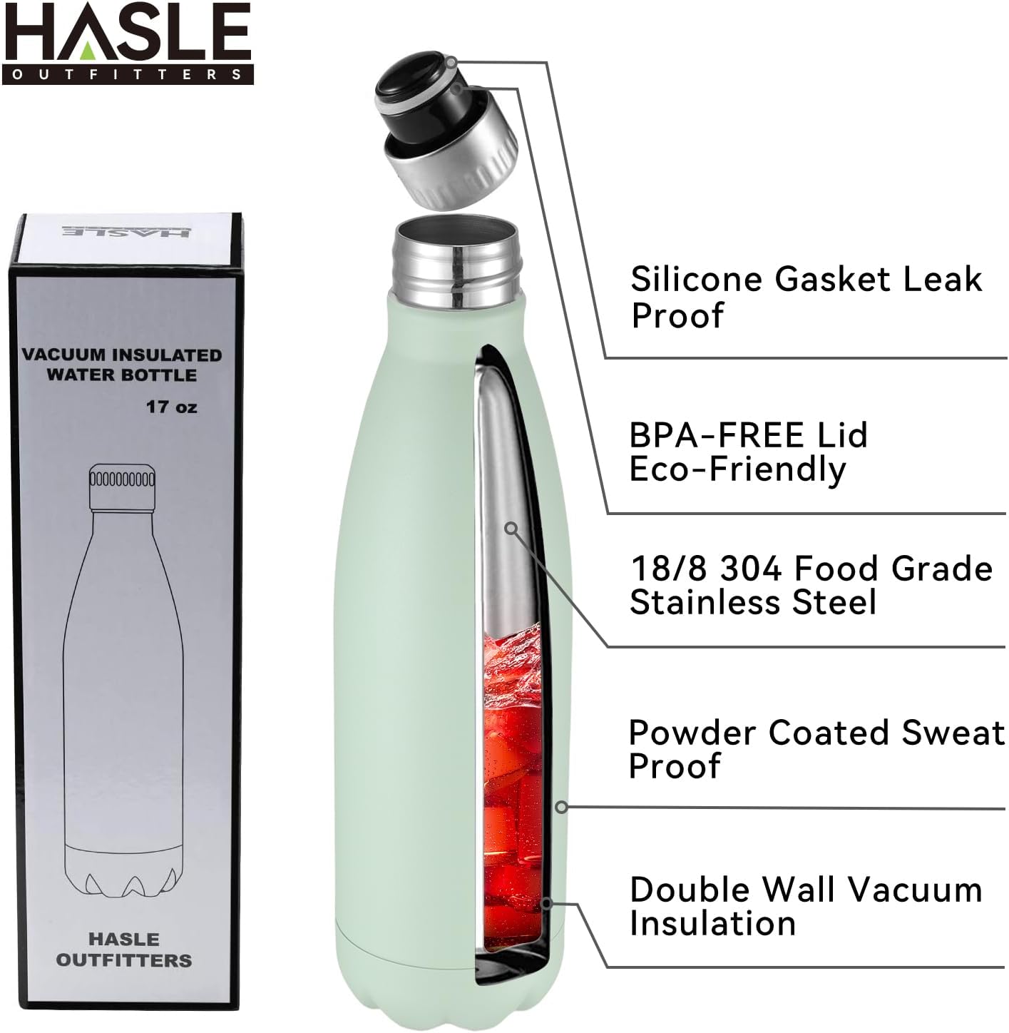 HASLE OUTFITTERS 17oz Stainless Steel Water Bottles Bulk, Vacuum Insulated Water Bottles Double