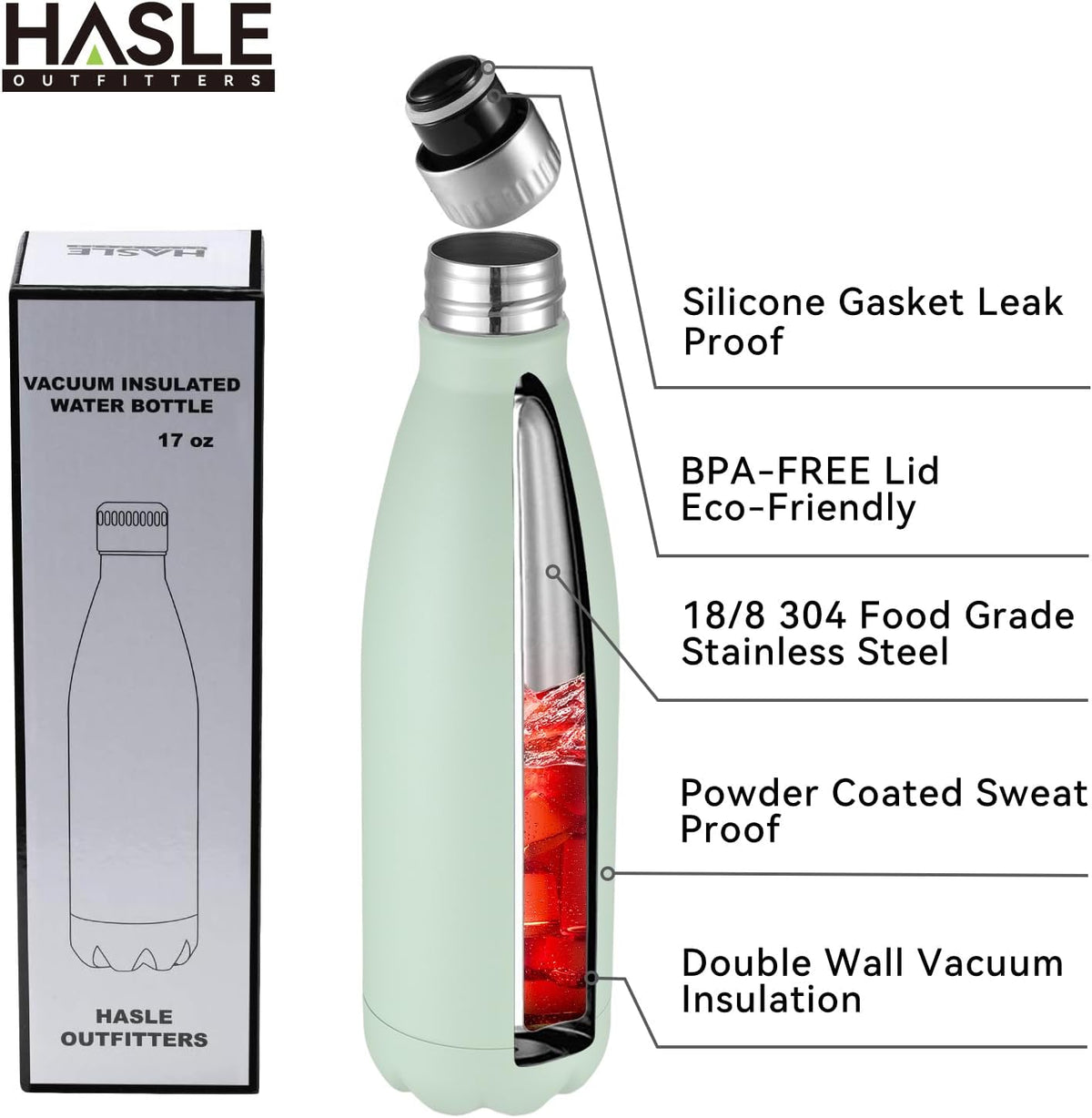 HASLE OUTFITTERS 17oz Stainless Steel Water Bottles Bulk, Vacuum Insulated Water Bottles Double
