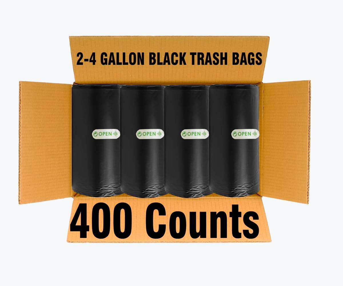 2-4 Gallon Trash Bags, 400 Count Black Garbage bags, Small Trash Can Bin Liners for Bathroom