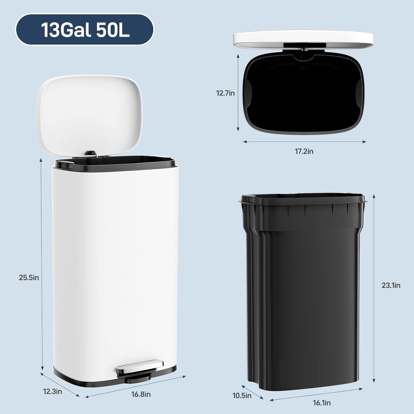 Arlopu13.2 Gallon Step Trash Can, Stainless Steel Garbage Bin, Soft-Close Rubbish Bin with