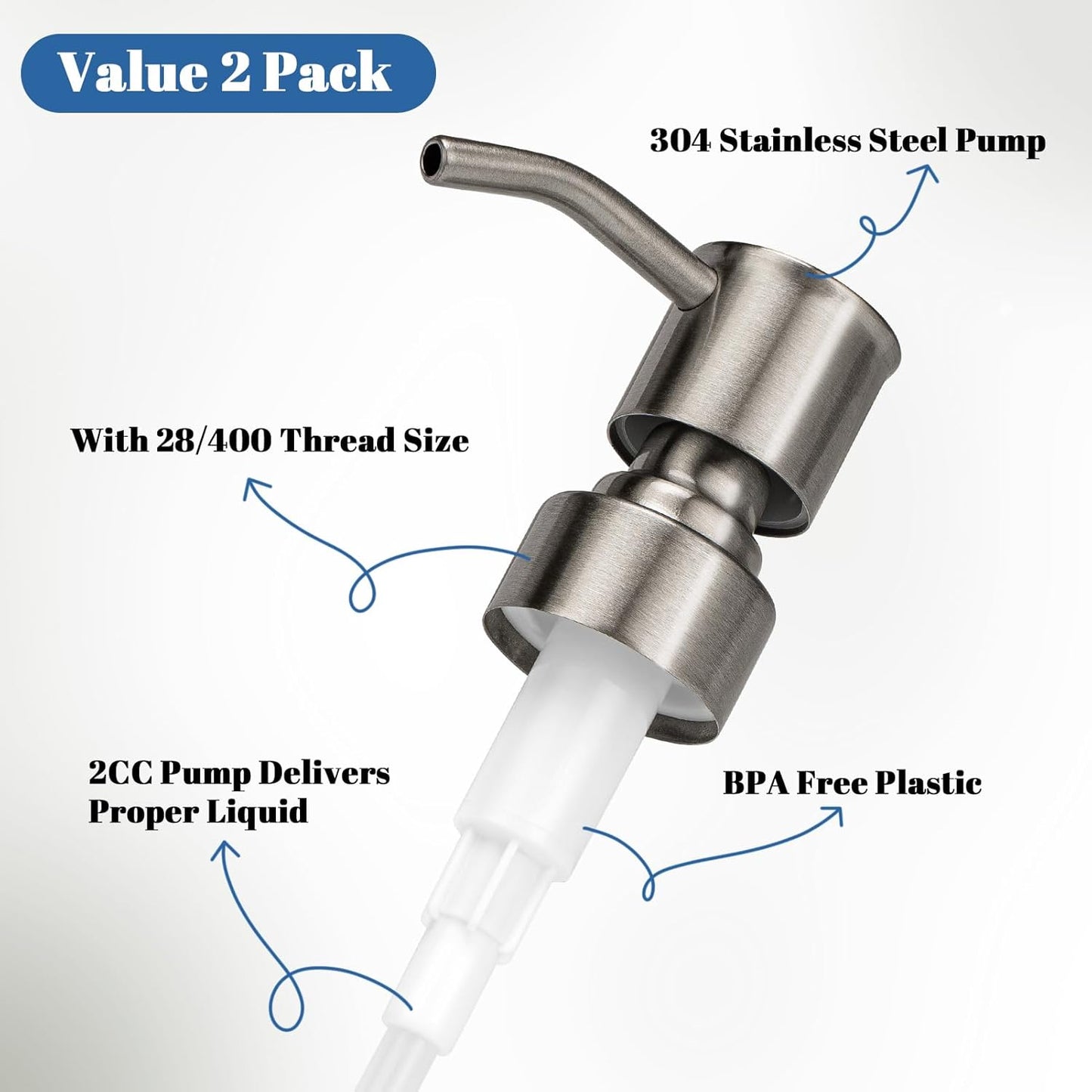 Soap Dispenser Pump Replacement 304 Stainless Steel for Regular Mouth Bottle for Standard 28/400