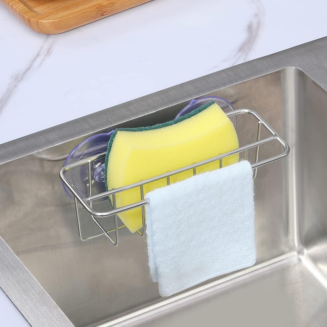 Sink Caddy Sponge Holder for Kitchen Sink Dish Cloth Hanger 2 Suspension Options(Suction Cups and