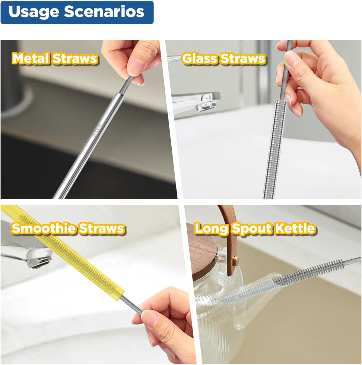 YOTIME Silicone Straw Cleaner Brush, 2Pcs Reusable Straw Brush Extra Long for Cleaning Tumbler with