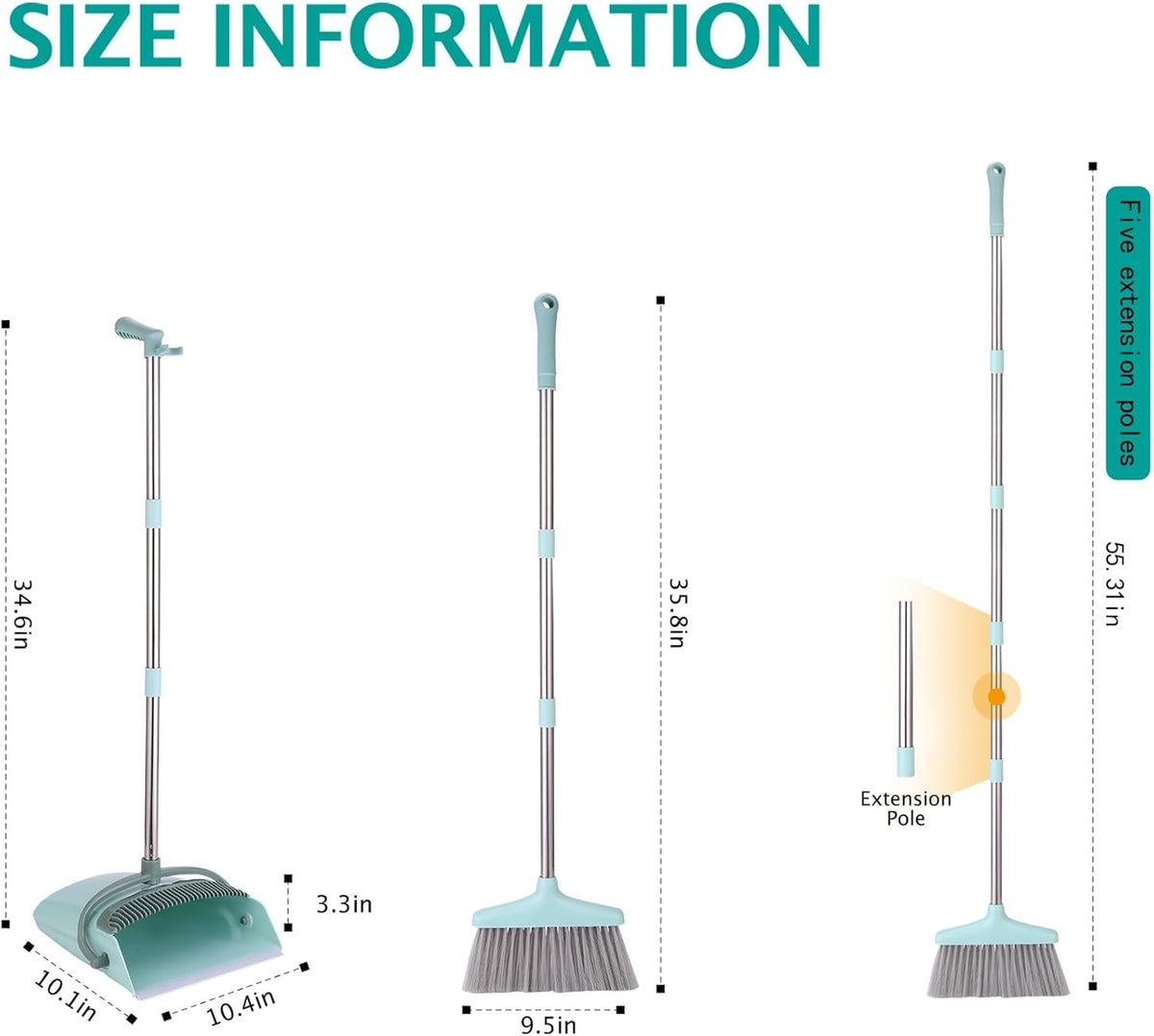 XXXFLOWER Broom and Dustpan Set with Cleaning Teeth, 55" Long Handle Indoor Sweeping Combo for Home