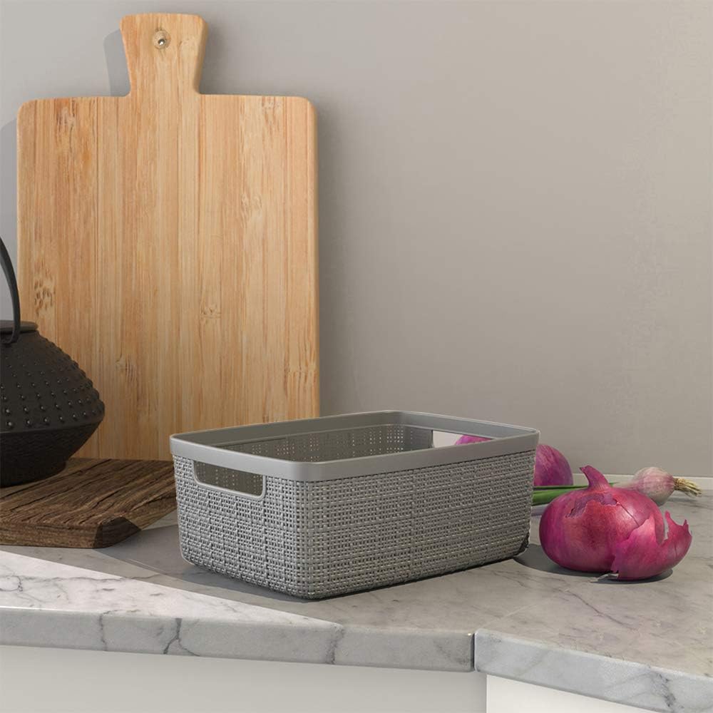 Curver Jute Decorative Plastic Organization and Storage Basket Perfect Bins for Home Office, Closet
