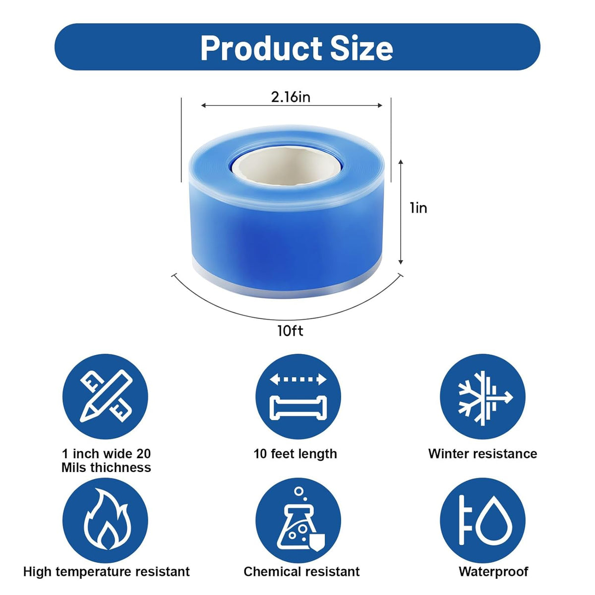 Self Fusing Silicone Tape 2 Rolls 1 in x 10' Blue Waterproof Rescue Tape Rubber Leak Silicone