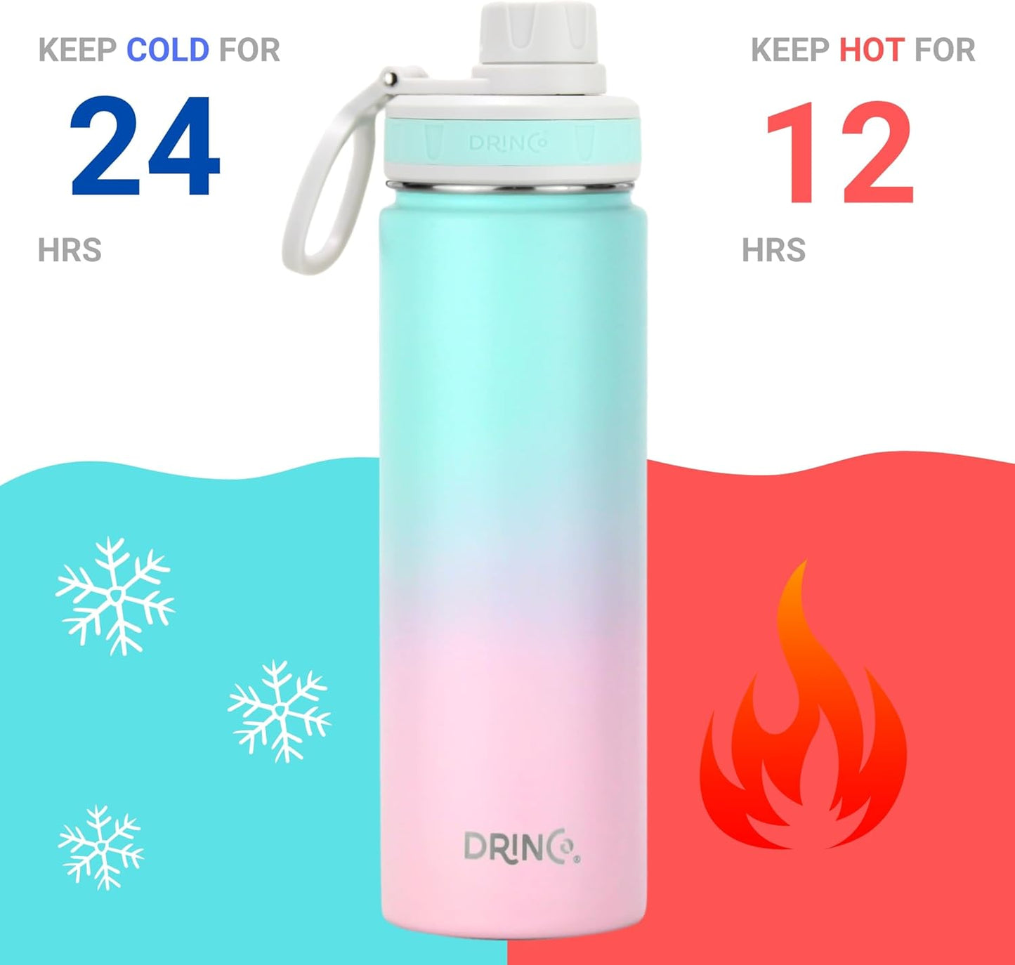DRINCO Stainless Steel Water Bottle Spout Lid Vacuum Insulated Double Wall Water Bottle Wide Mouth
