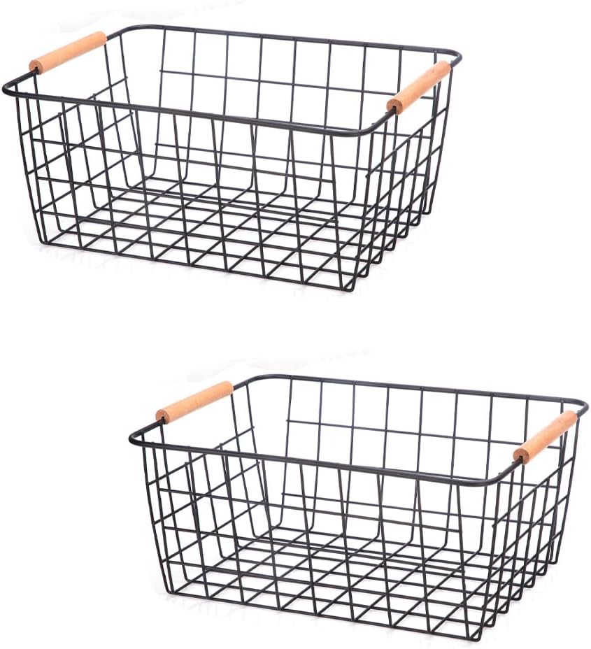 LeleCAT Wire Baskets with Wooden Handles Wire Storage Organizer Bin Baskets, Pantry, Closets