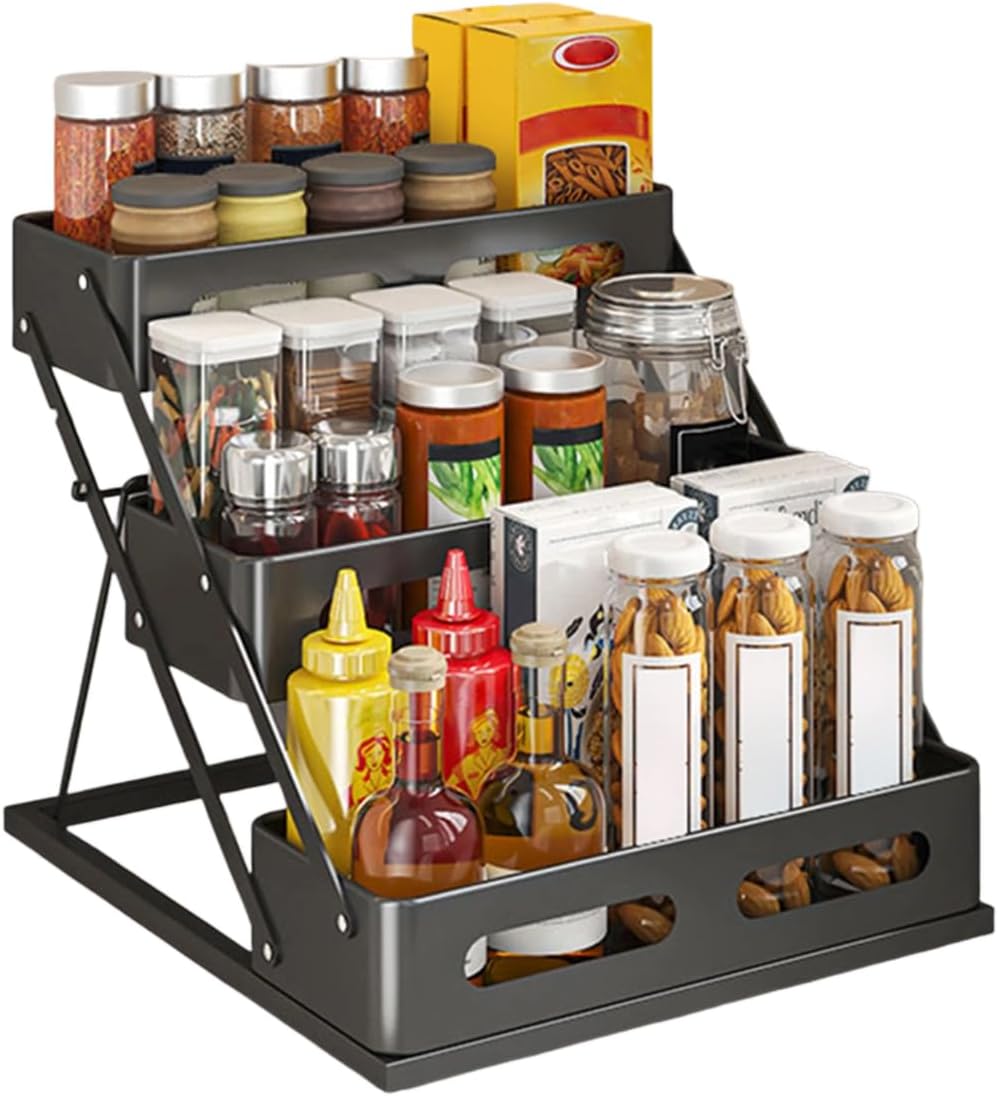 Bokelai Spice Rack 3 Tier Foldable Seasoning Organizer Jars Storage Holder Step Shelf for Cabinet