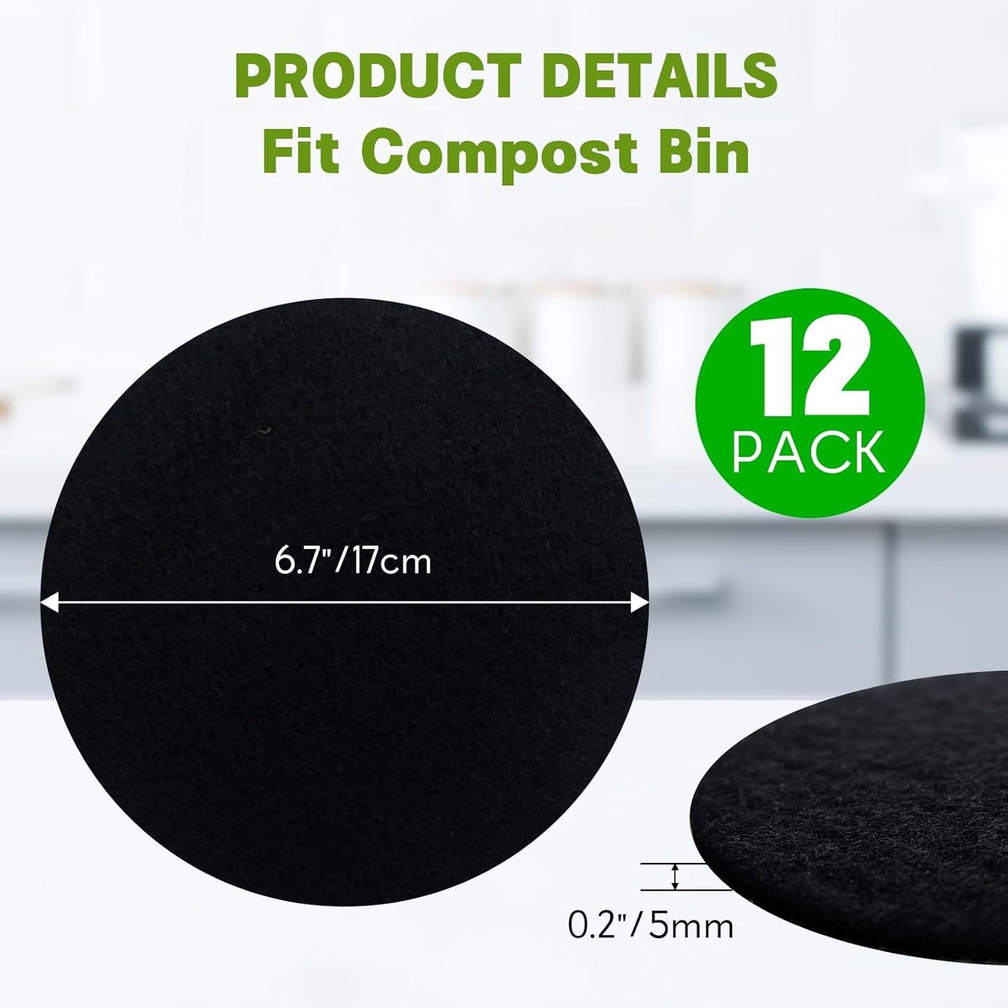 12 Pack - 6.7 Inch Round Compost Bin Charcoal Filters,Extra Thick Activated Carbon Charcoal Filters