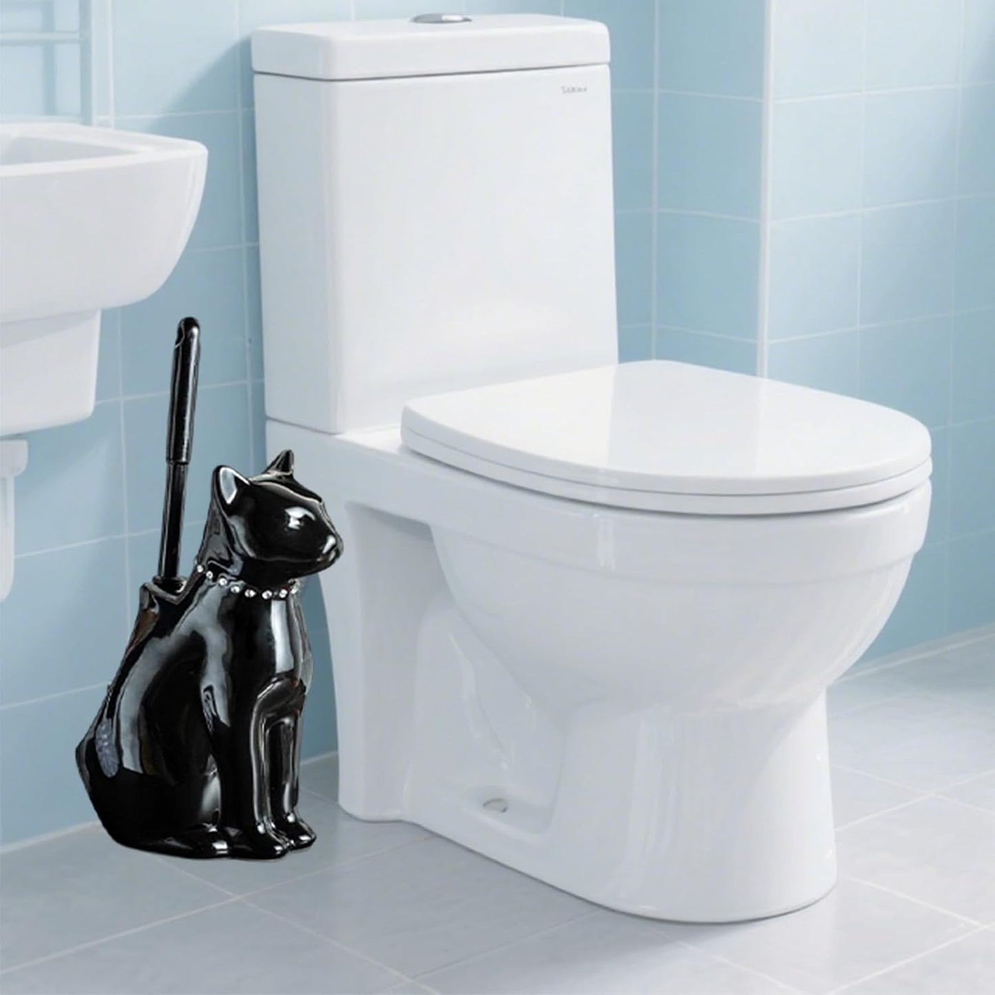 Comeon Ceramic Cat White/Black Toilet Brush and Holder Set, Plastic Handled Scrub Brush for