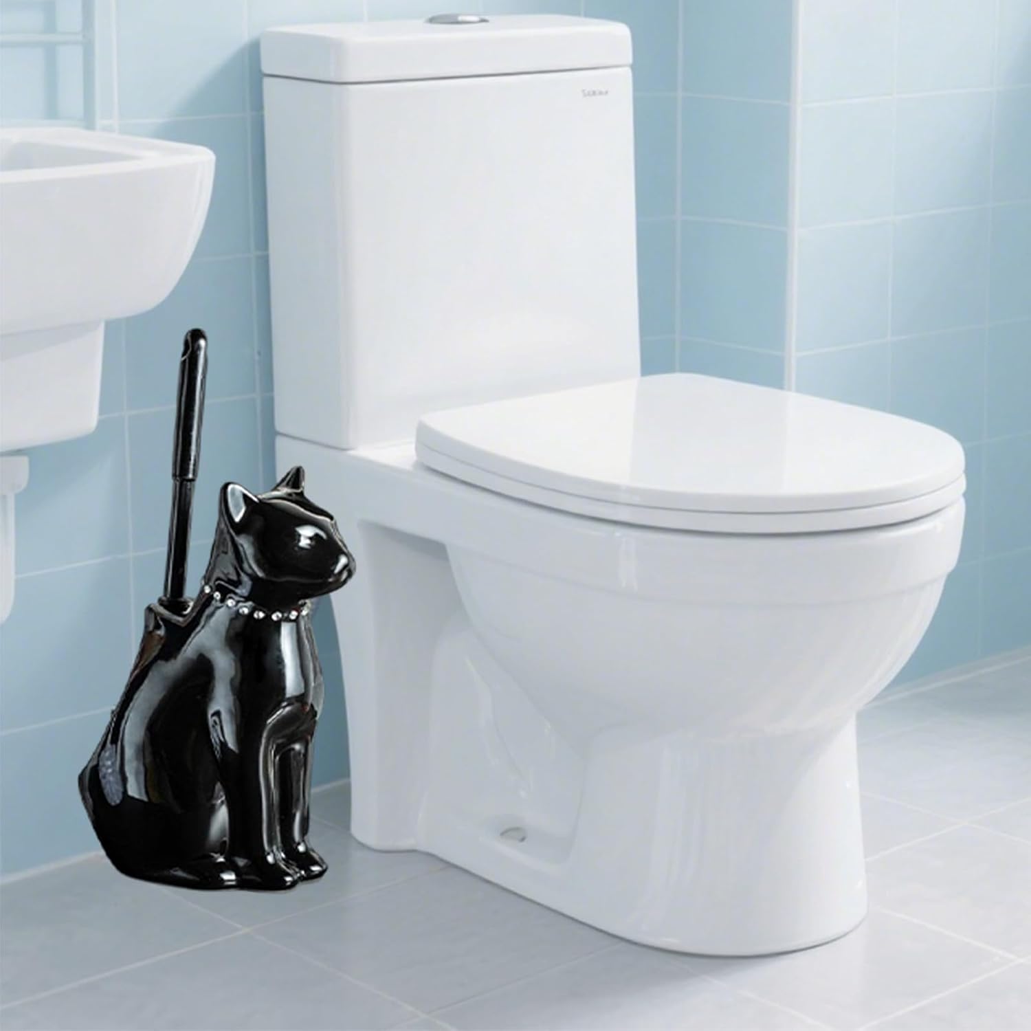 Comeon Ceramic Cat White/Black Toilet Brush and Holder Set, Plastic Handled Scrub Brush for