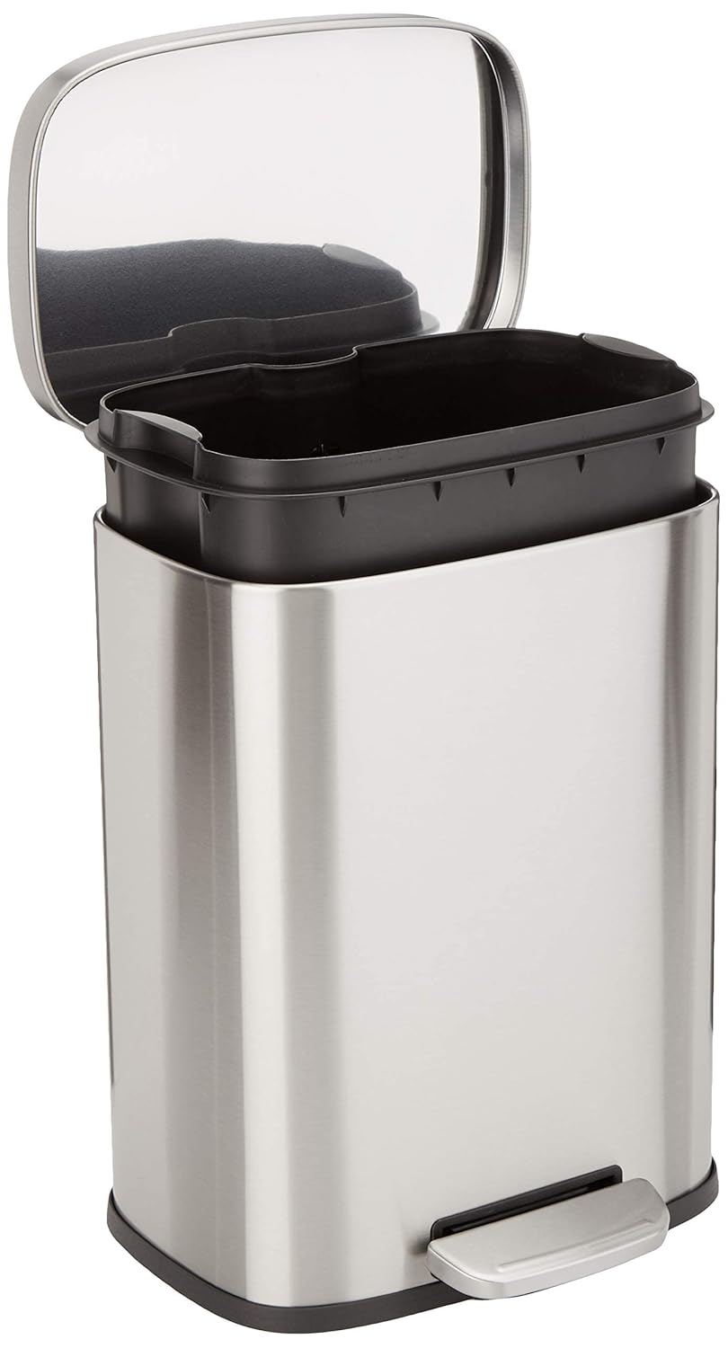 Amazon Basics Smudge Resistant Small Rectangular Trash Can With Soft-Close Foot Pedal, Brushed
