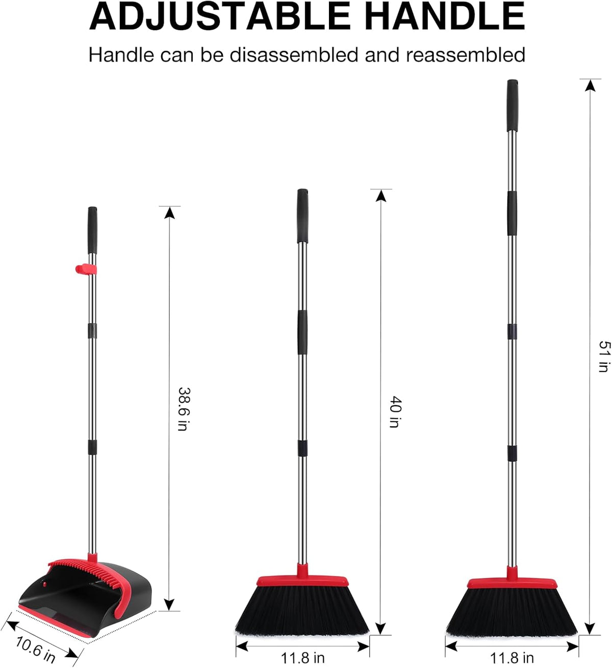 NACENA Broom and Dustpan Set, 52-in Long Adjustable Handle Broom Dustpan Combo with Dustpan Teeth