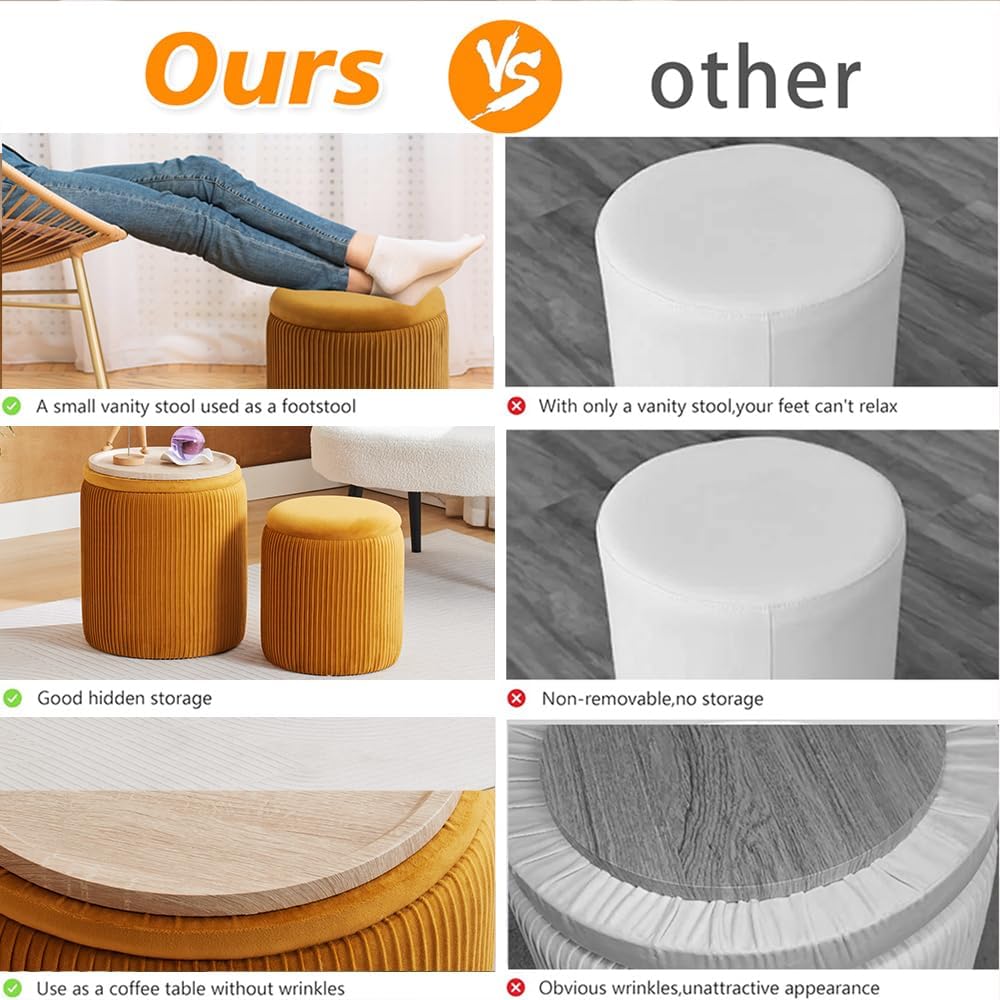 Round Ottoman with Storage Set of 2-Upholstered Velvet Vanity Stool for Makeup Multifunctional