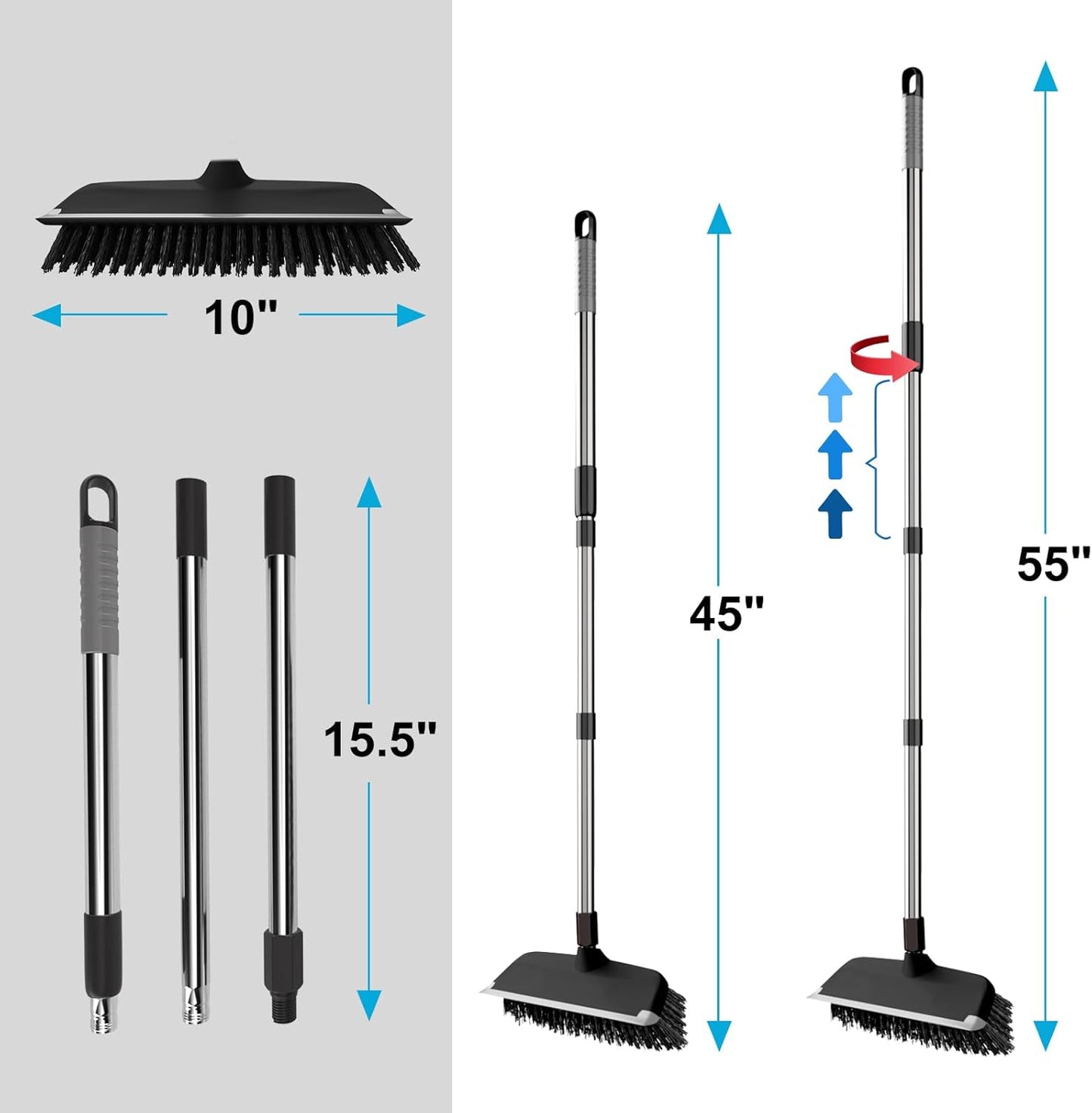 ITTAR Scrub Brush with Long Handle, 10" Wide Stiff Bristles Deck Brush, Heavy-Duty Floor Cleaning