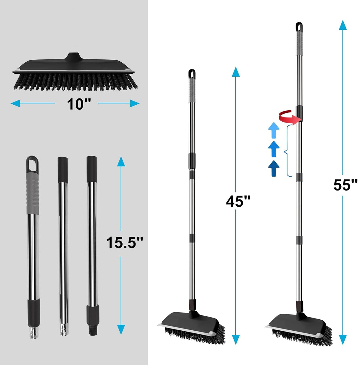 ITTAR Scrub Brush with Long Handle, 10" Wide Stiff Bristles Deck Brush, Heavy-Duty Floor Cleaning