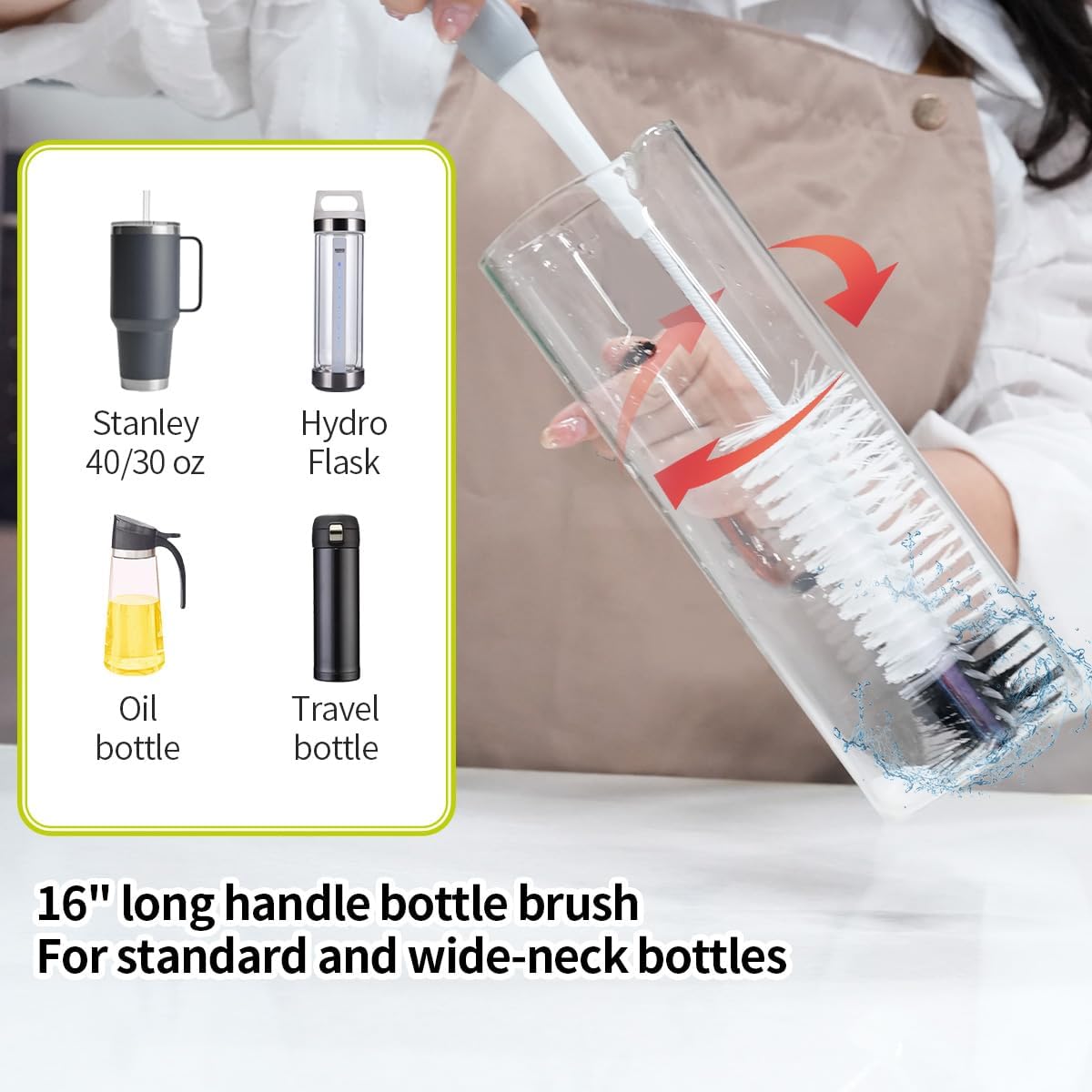 Bottle Cleaner Brush Set - Long Handle Bottle Brushes for Cleaning Narrow Neck Bottles, Beer, Wine