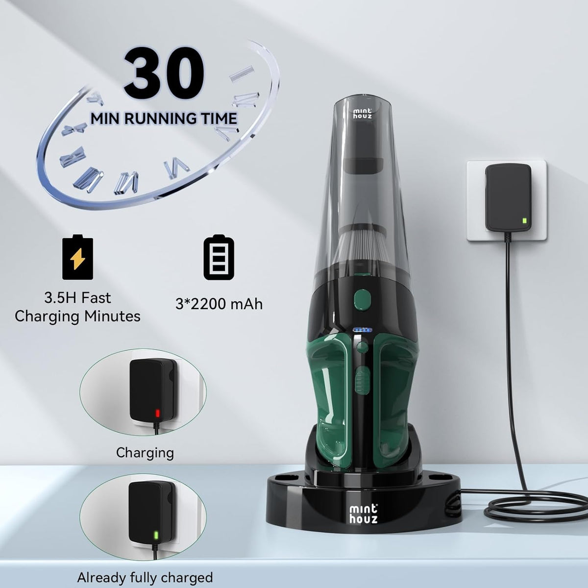 Minthouz Handheld Vacuum Cordless, Strong Suction Car Vacuum Cleaner with LED Light, Long Runtime