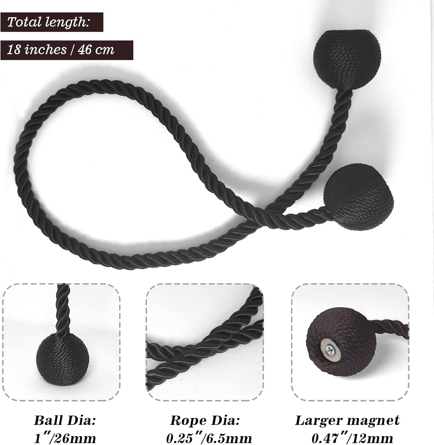 Hion Magnetic Curtain Tiebacks Black 2pcs, Curtain Tiebacks Buckles Holdbacks Holders Hooks Clip