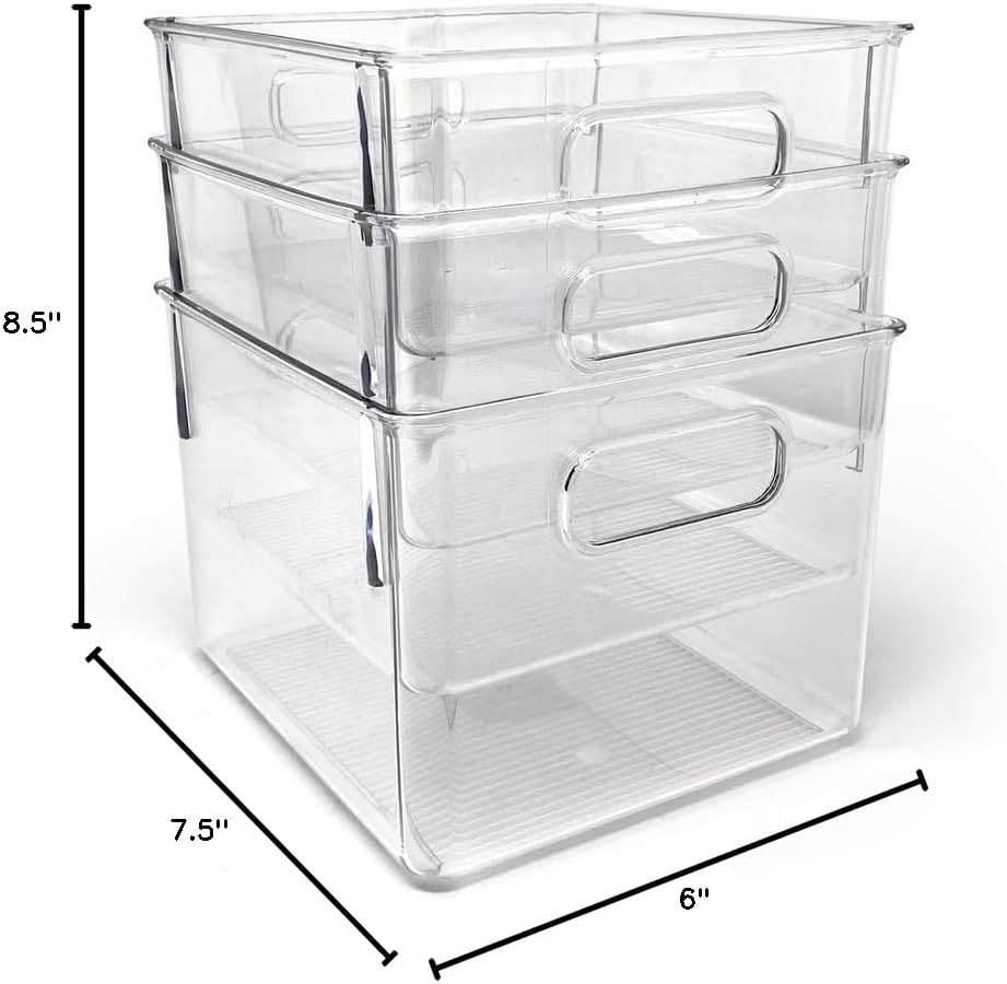 Isaac Jacobs 3-Pack Medium Clear Storage Bins with Handles, Plastic Organizer for Home or