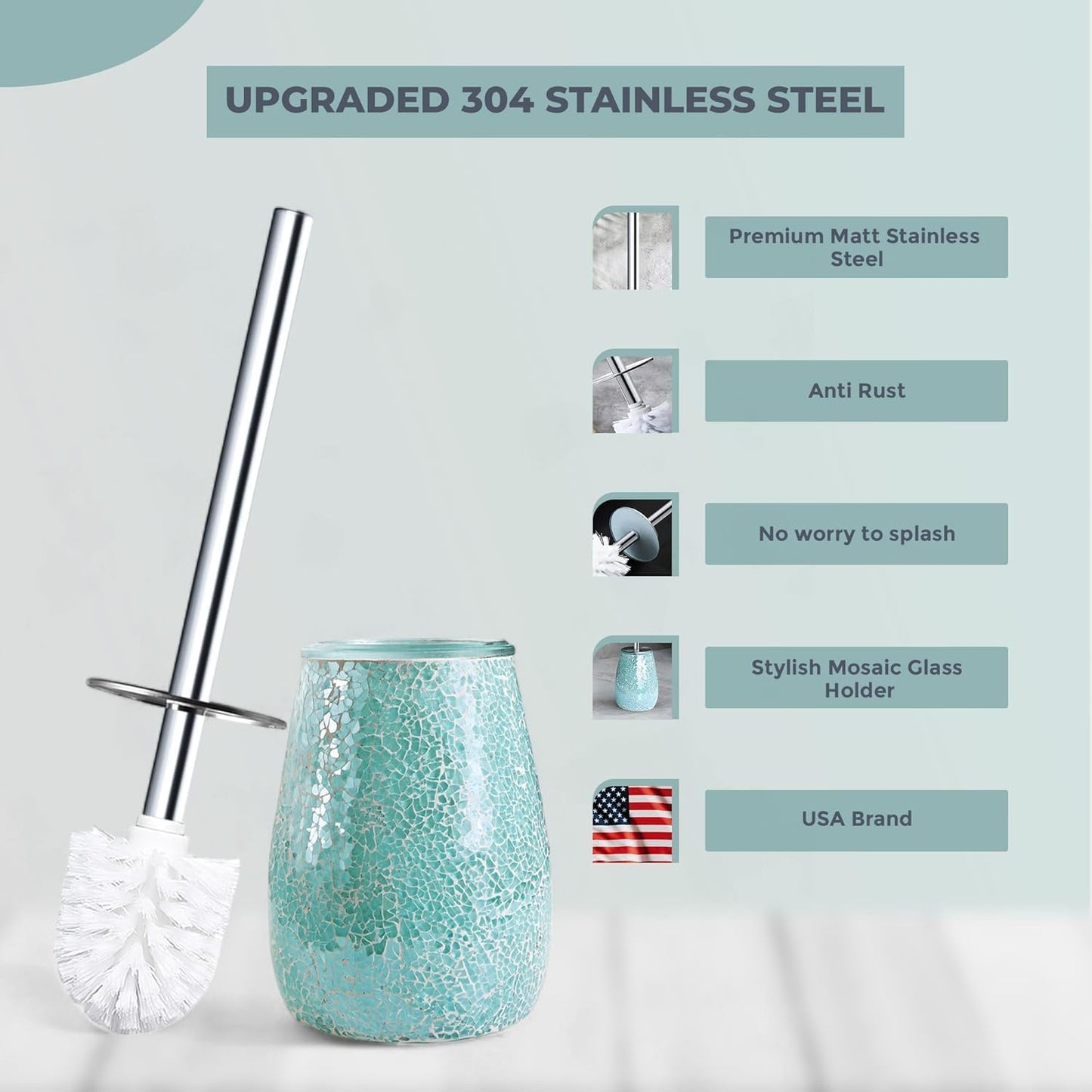 Escenzy Turquoise Green Toilet Brush and Holder Set Mosaic Glass | Non-Rustic Stainless Steel |