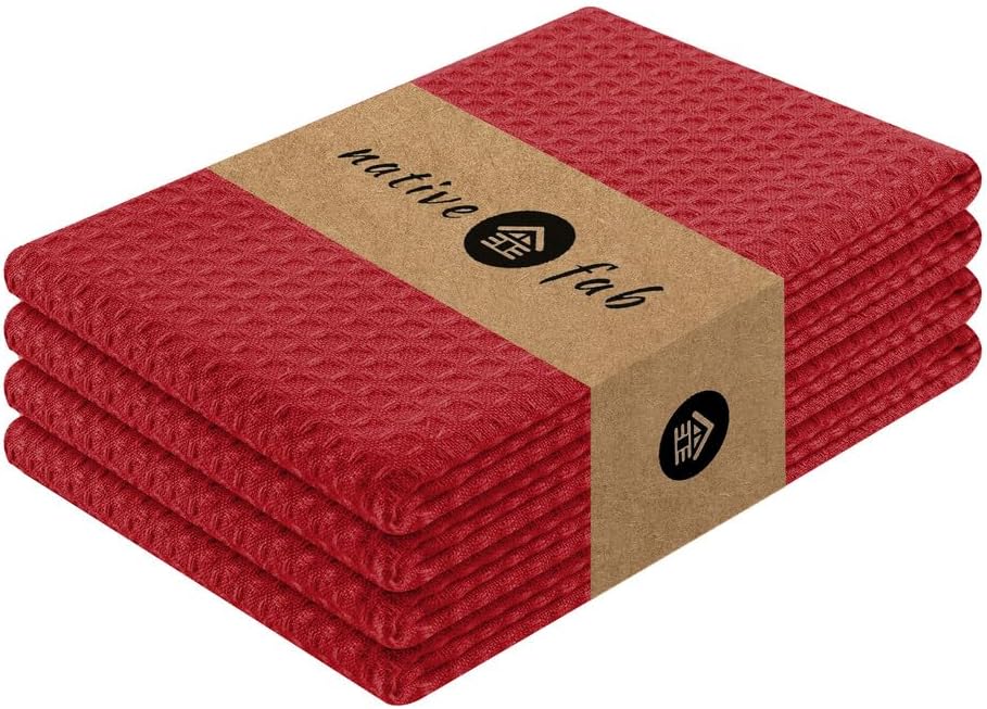 Native Fab Cotton Kitchen Towel with Hanging Loop 16x26 inches, 4-Pack, Waffle Weave Kitchen Towels