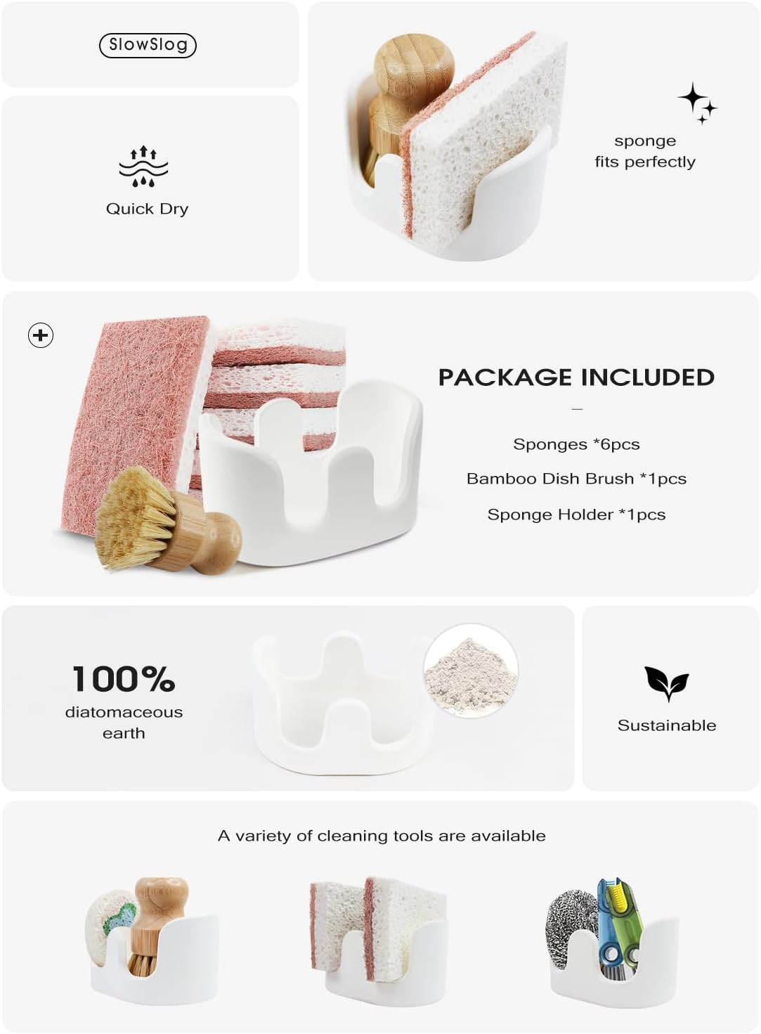 Double Sponge Holder, Water-Absorbing Stone Dish Sponge Caddy for Kitchen Sink Counter, Fast-Drying