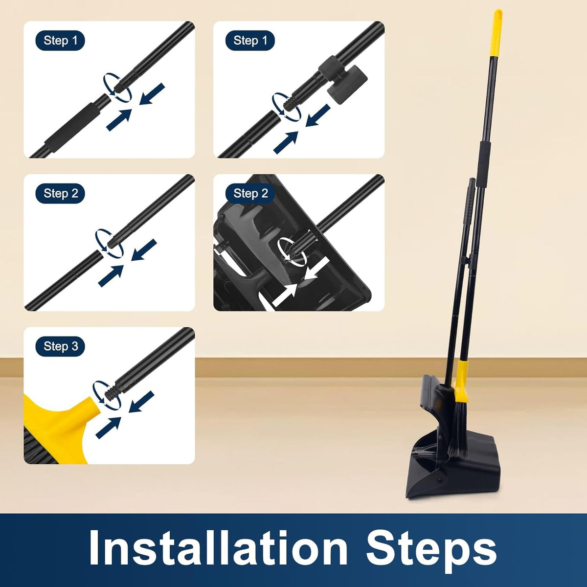 Indoor/Outdoor Heavy Duty Broom and Dustpan Set,Upright Plastic Commercial Dust Pan with 2 Brooms
