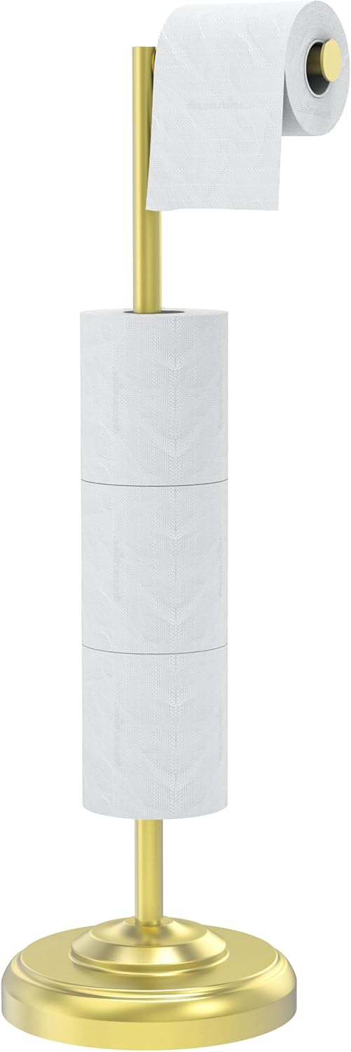 Freestanding Toilet Paper Holder Stand with Storage – Holds 4 Extra Rolls – Brushed Gold Toilet