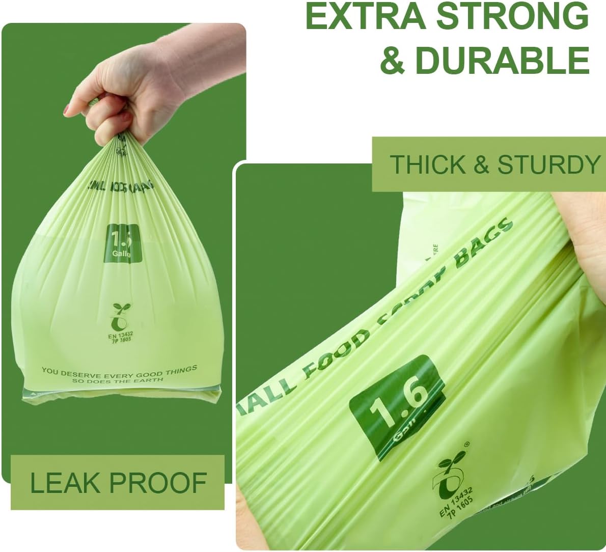 100% Compostable 1.6 Gallon Trash Bags, 6 Liter, 150 Count Kitchen Food Scrap Small Compost Bags