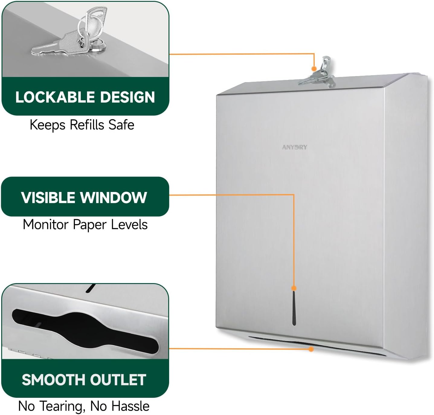 Commercial Paper Towel Dispenser Wall Mount 400-Sheet Capacity Brushed Stainless Steel Lockable