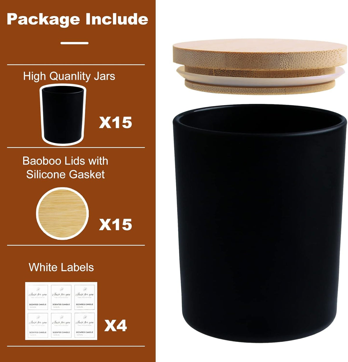 CONNOO 15 Pack 7 OZ Halloween Candle Jars with Bamboo Lids for Making Candles, Thick Black Glass