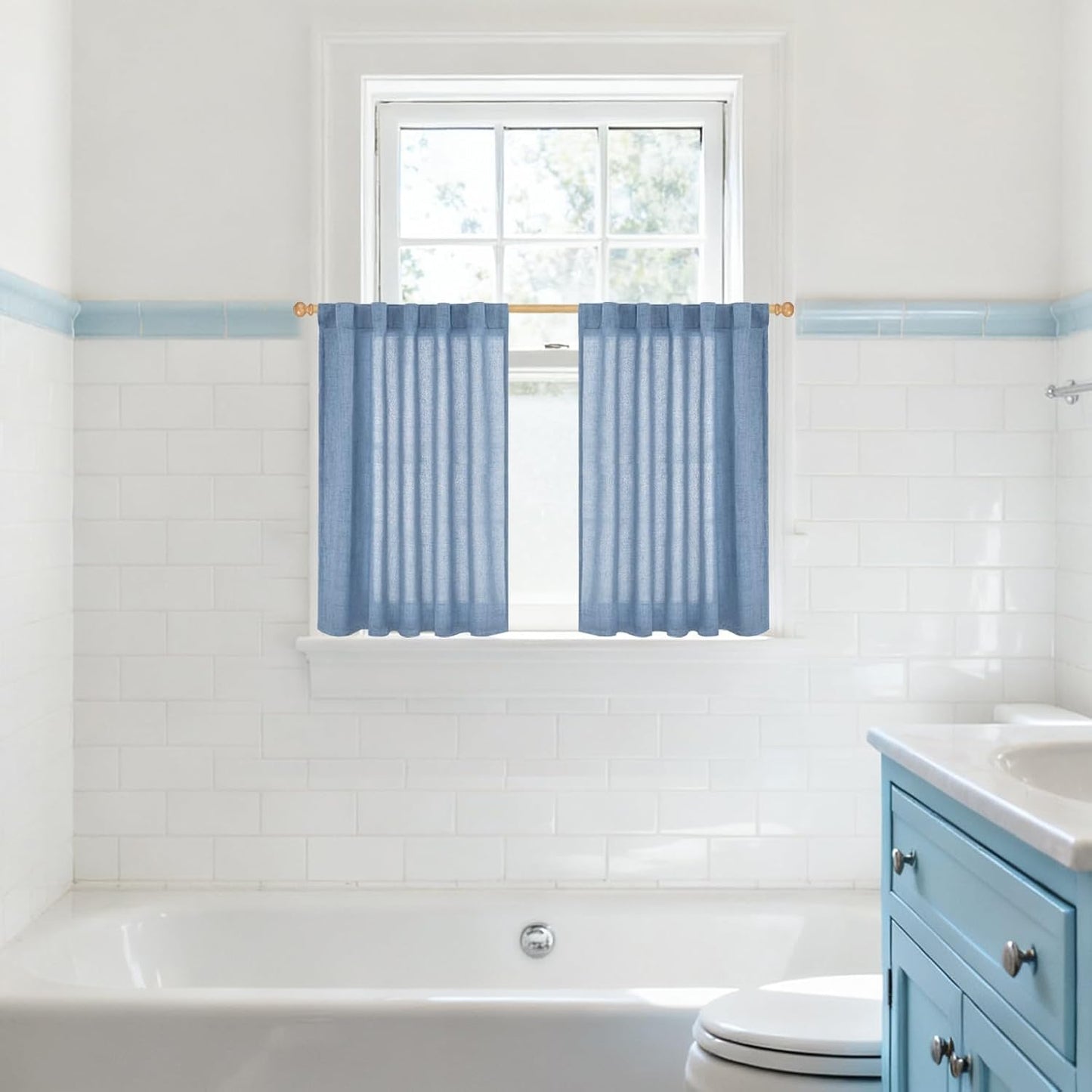 YoungsTex Denim Blue Linen Curtains 36 Inches Long for Bathroom Window, Small Drapes Light