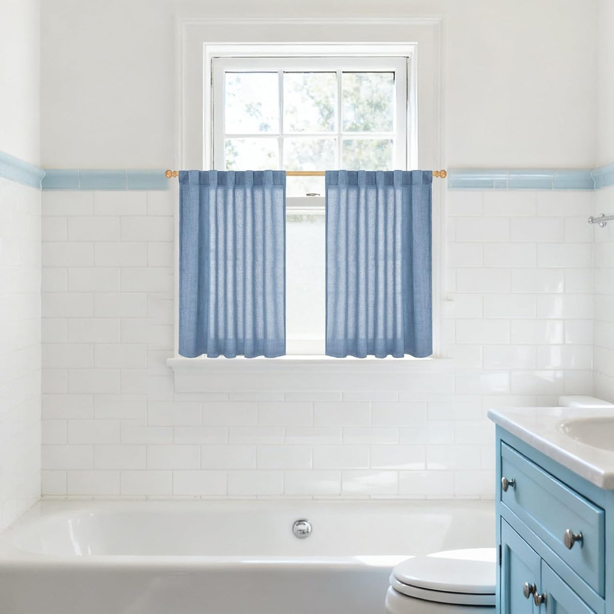 YoungsTex Denim Blue Linen Curtains 36 Inches Long for Bathroom Window, Small Drapes Light