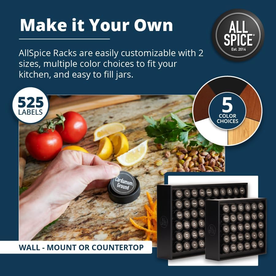 AllSpice Spice Rack Organizer, Wood, 525 Unique Labels, Countertop or Wall Mount, Includes 30 4oz