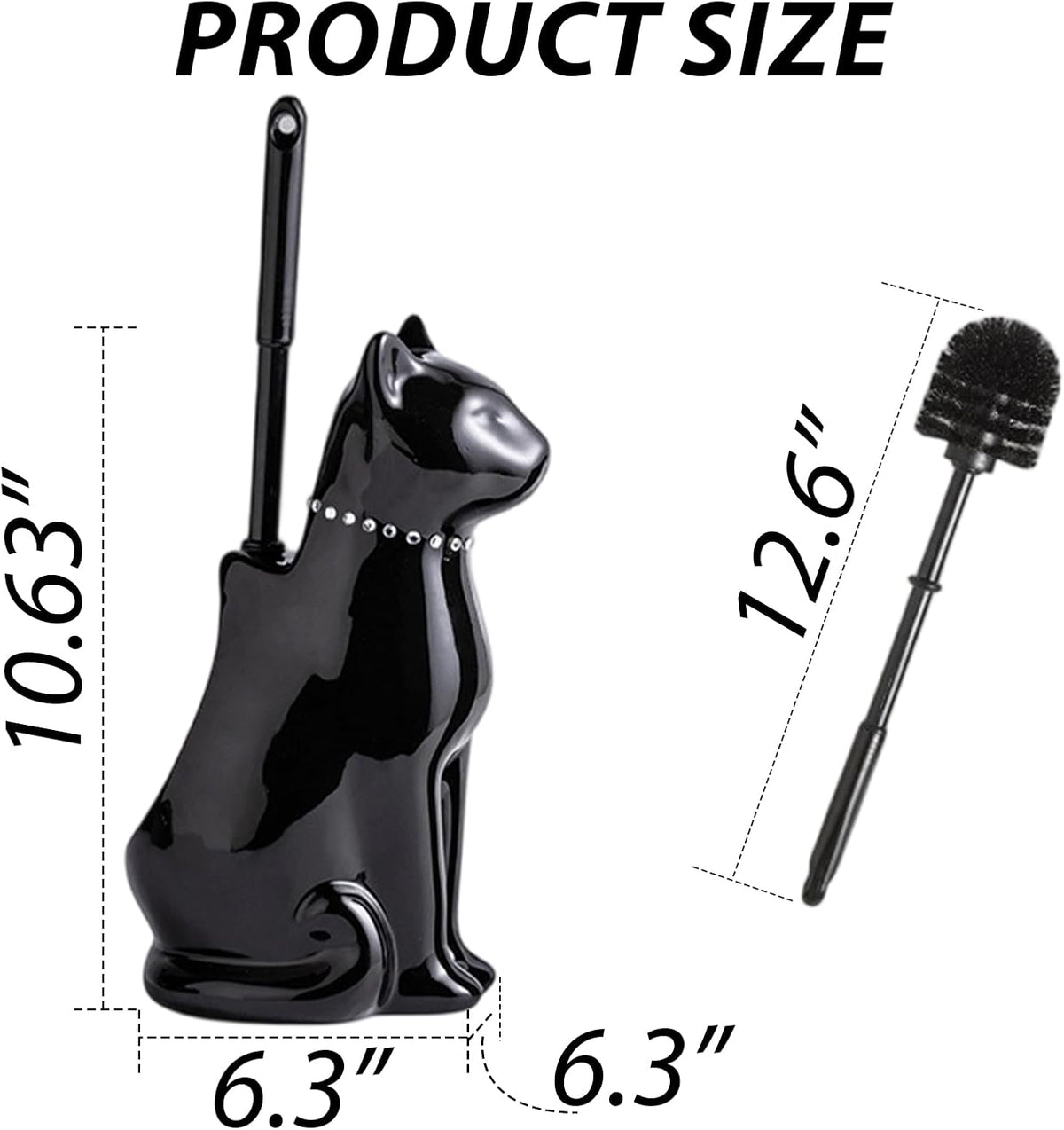 Comeon Ceramic Cat White/Black Toilet Brush and Holder Set, Plastic Handled Scrub Brush for