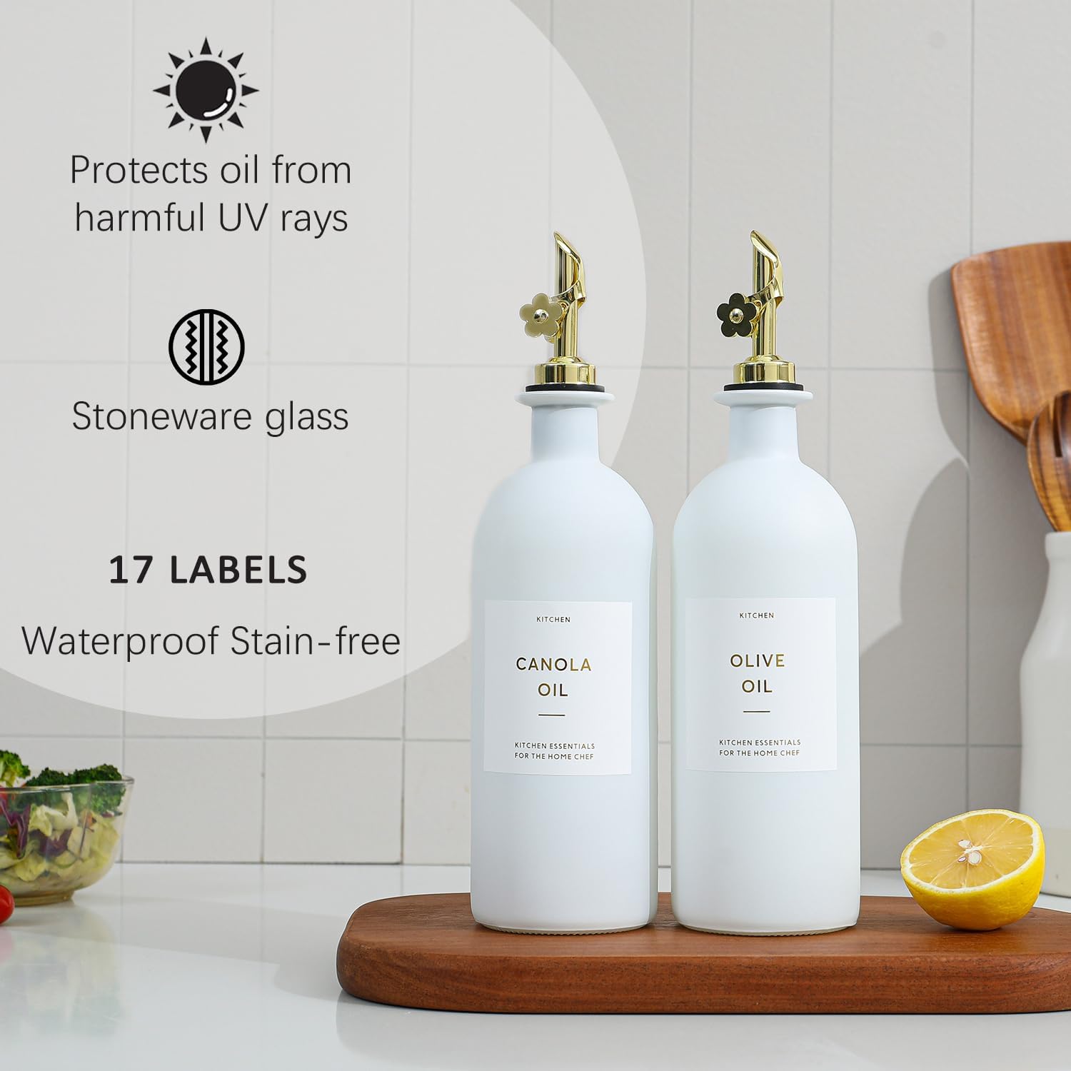 HOMCDALY Olive Oil Dispenser for Kitchen, 16oz Glass Oil Bottles with Bamboo Tray, Gold Oil&Vinegar