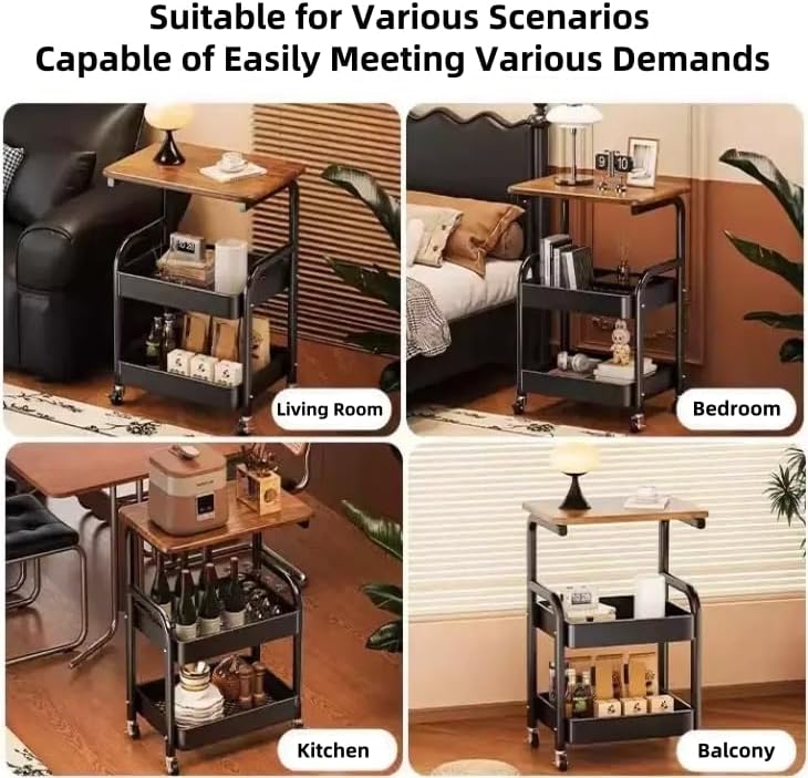 3 Tier Metal Rolling Utility Cart Organizer with Walnut Table Top, Stable and Sturdy Rolling