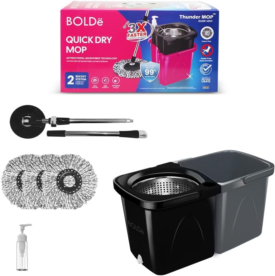 Thunder Mop Spin System - 2 Compact Stackable 6L Buckets, Microfiber Head, Stainless Steel Wringer